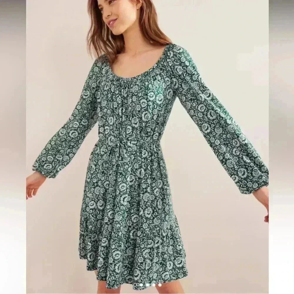 BODEN Scoop Tiered Jersey Mini Dress UK Size 8R Bottle Green Bloom‎ Cascade NWT